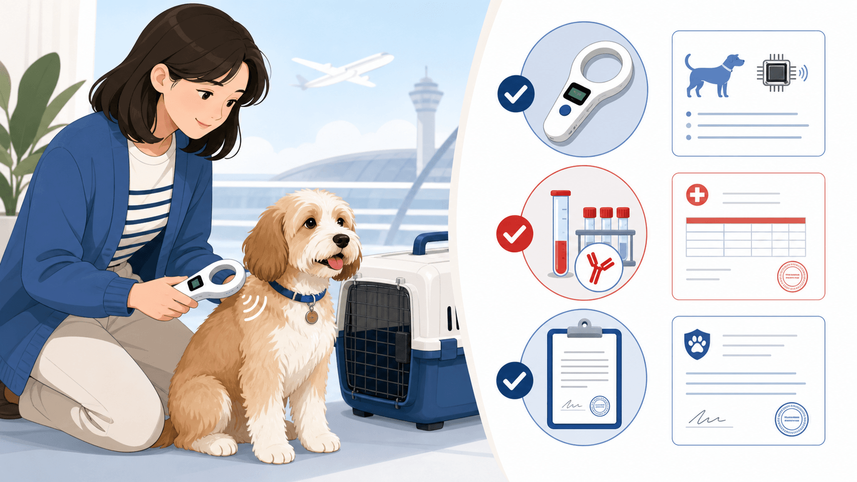 Pet travel checklist with microchip, rabies test and quarantine certificate