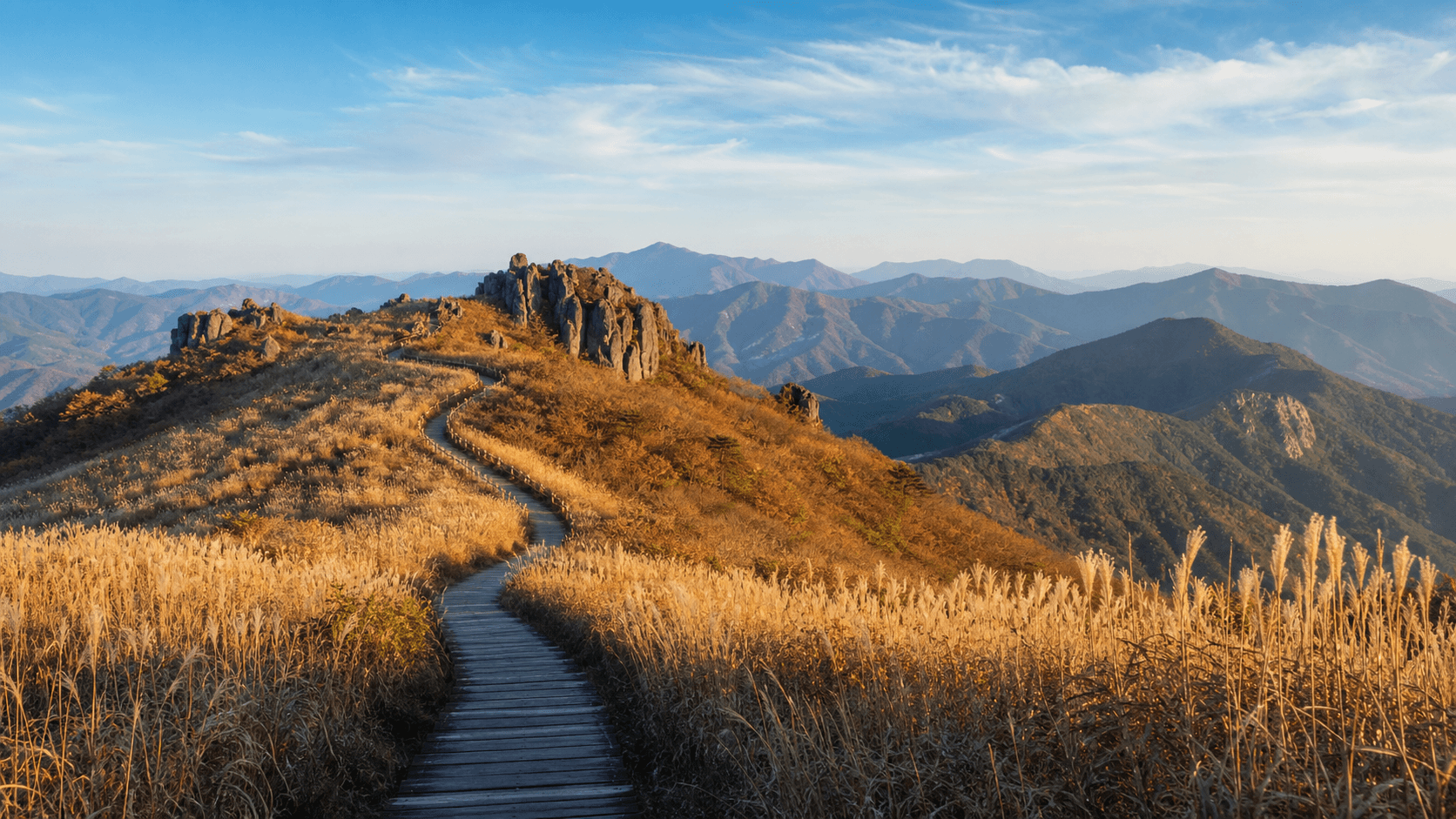 Golden silver-grass ridge and wooden hiking path in the Yeongnam Alps