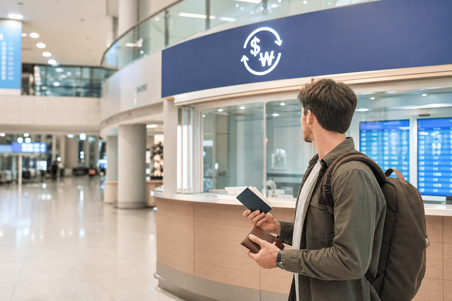 Traveler at an airport currency exchange counter in Korea