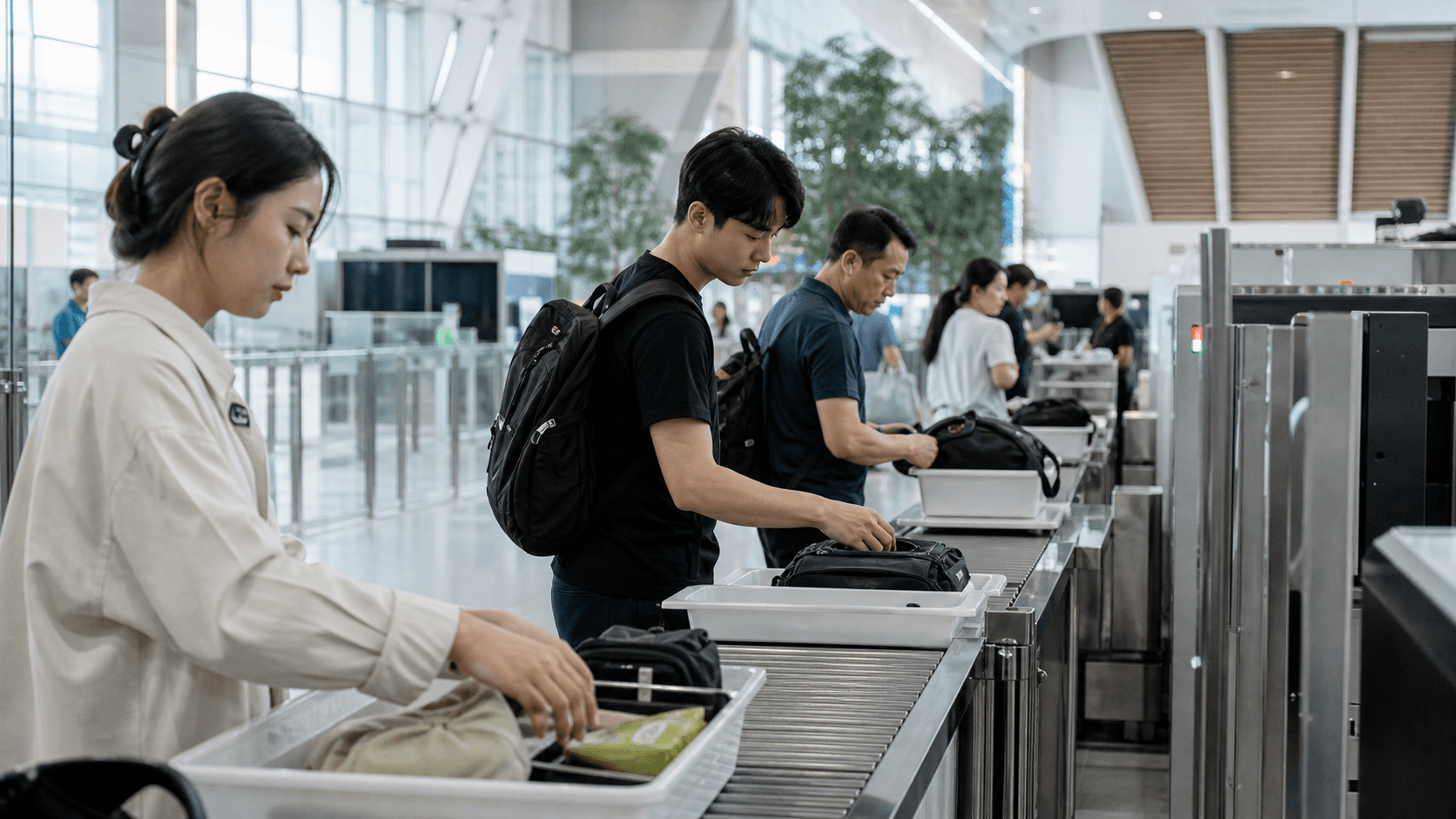 Passengers preparing carry-on bags at a modern Korean airport security area