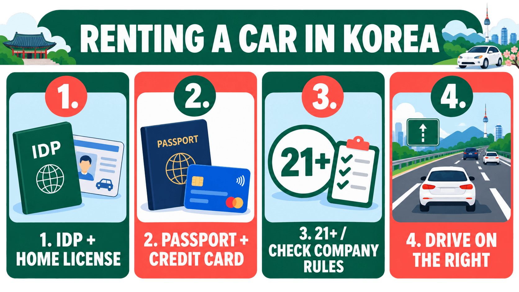 Infographic summarizing the key requirements for renting a car in Korea