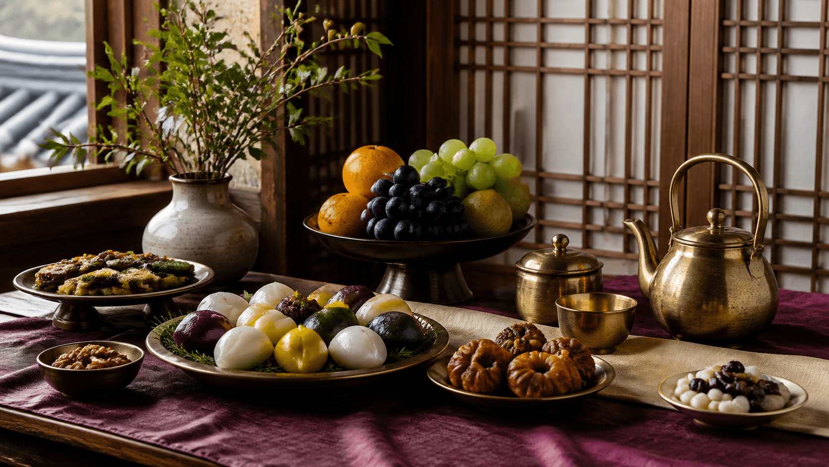 Korean Chuseok table with songpyeon rice cakes and fruit