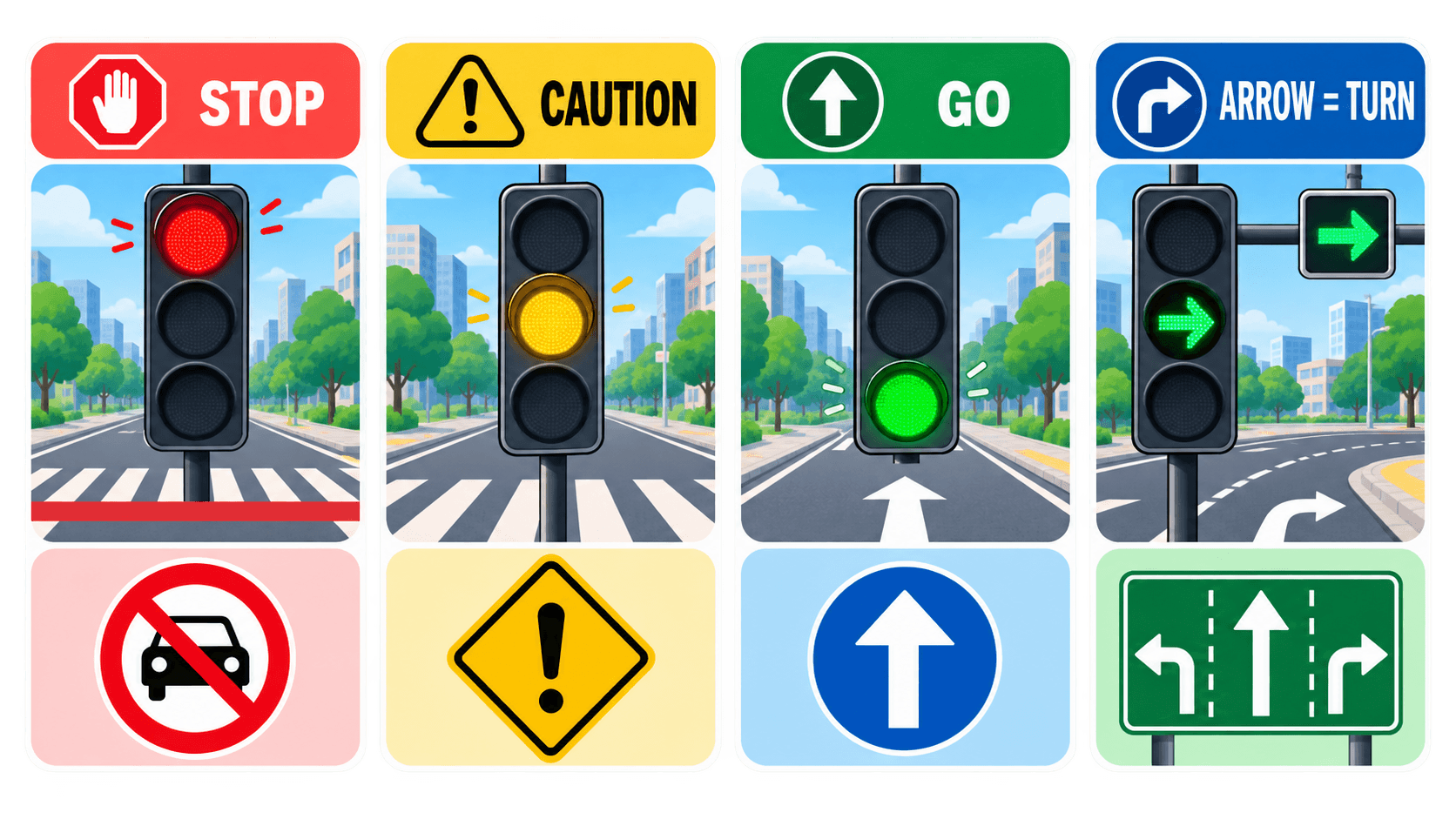 Infographic explaining Korean traffic light meanings, lane arrows and road sign colors
