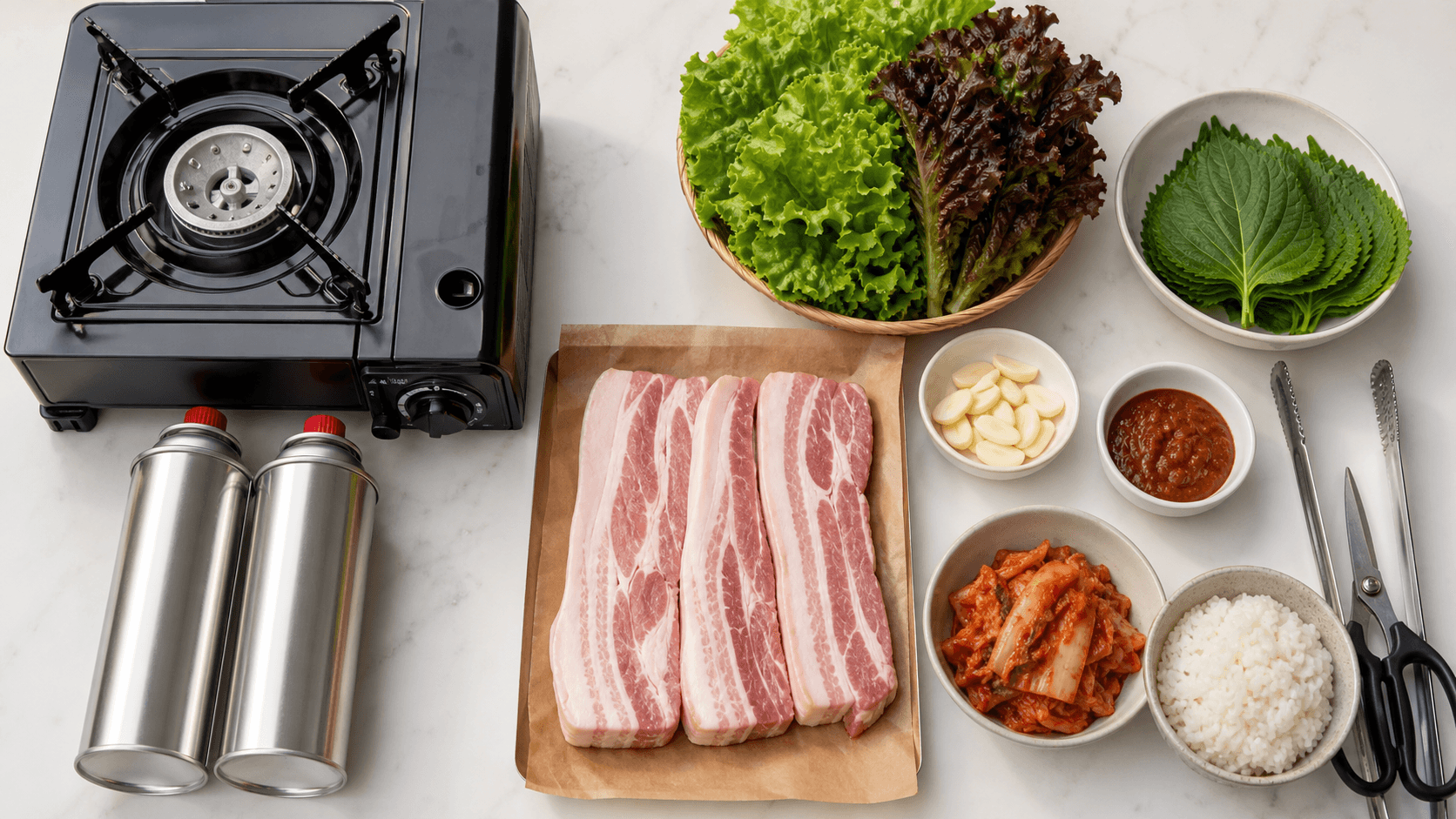 Korean barbecue shopping essentials including portable stove, pork belly, greens and ssamjang