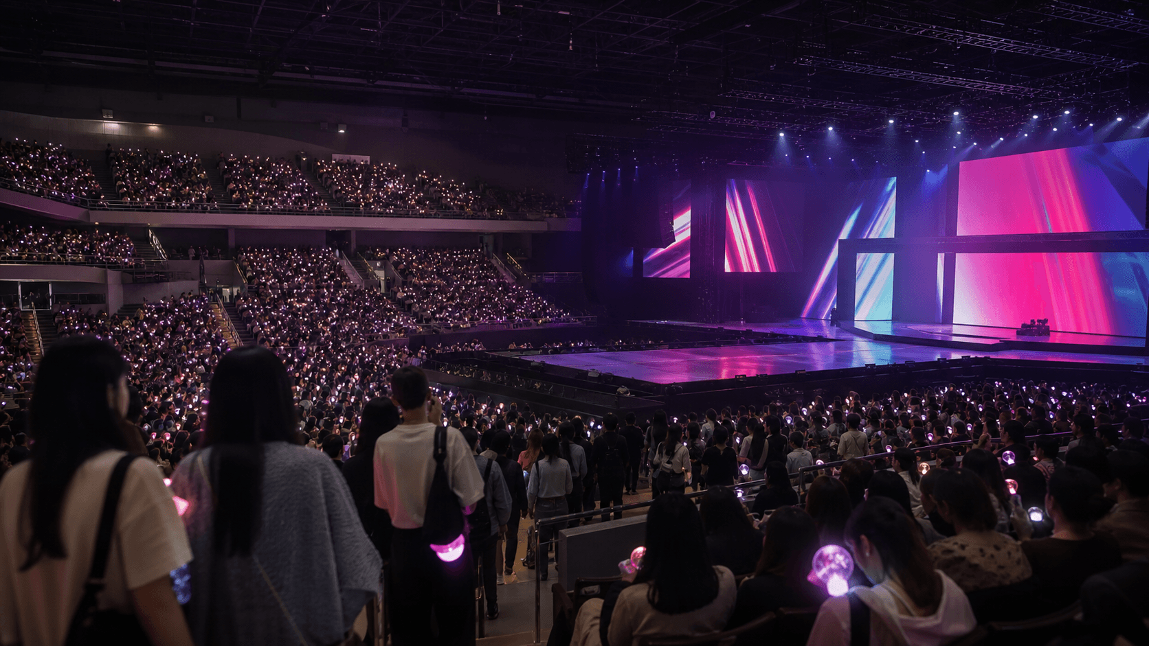 Fans entering a large K-pop concert venue in Seoul