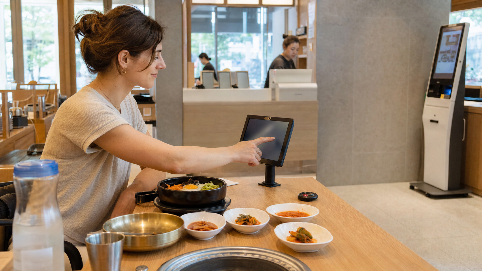 A traveler using a touchscreen ordering tablet at a Korean restaurant, with a call button, Korean dishes, a counter, and a self-order kiosk nearby.