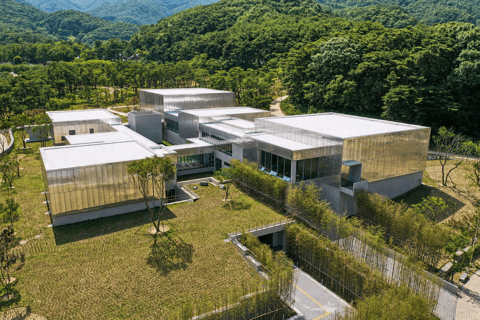 Aerial view of Gimcheon City Museum surrounded by forest