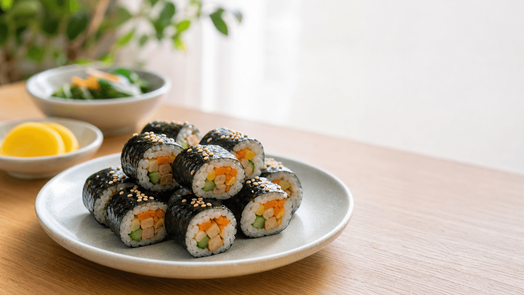 Representative plate of Korean mini gimbap with vegetable fillings