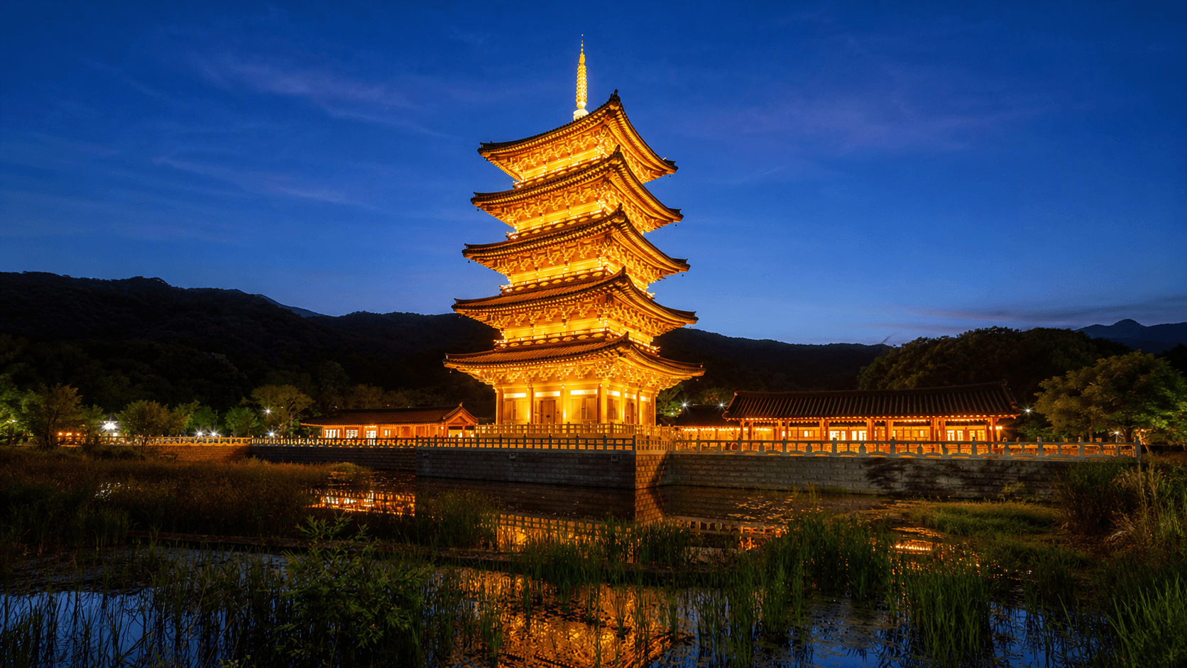 Illuminated five-story Peace Pagoda reflected in the pond at Saimyeongdaesa Park