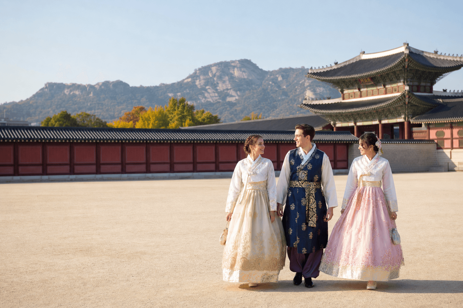 International travelers wearing hanbok at Gyeongbokgung Palace in Seoul