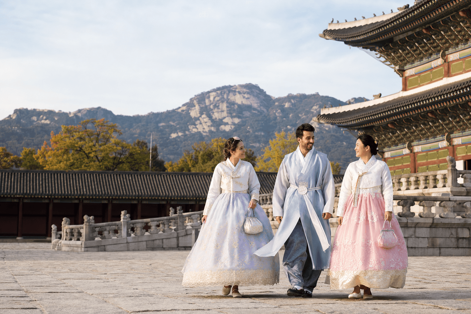 International travelers in hanbok walking through a Seoul royal palace courtyard