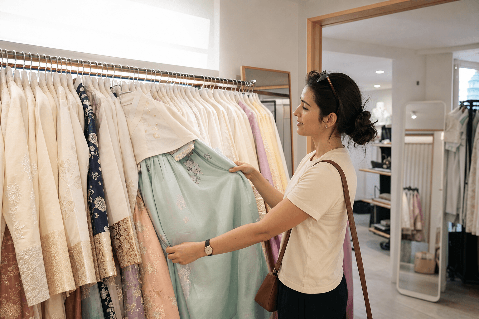 Traveler choosing a hanbok from a rental studio collection in Seoul