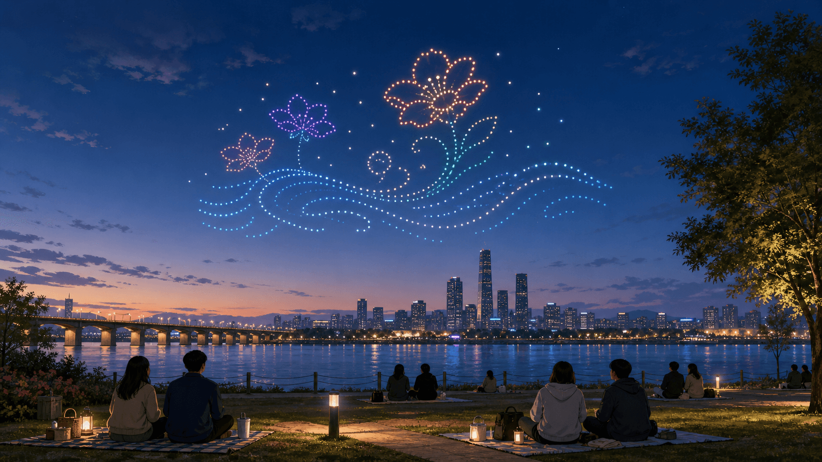Colorful drones forming patterns above the Han River at night in Seoul.