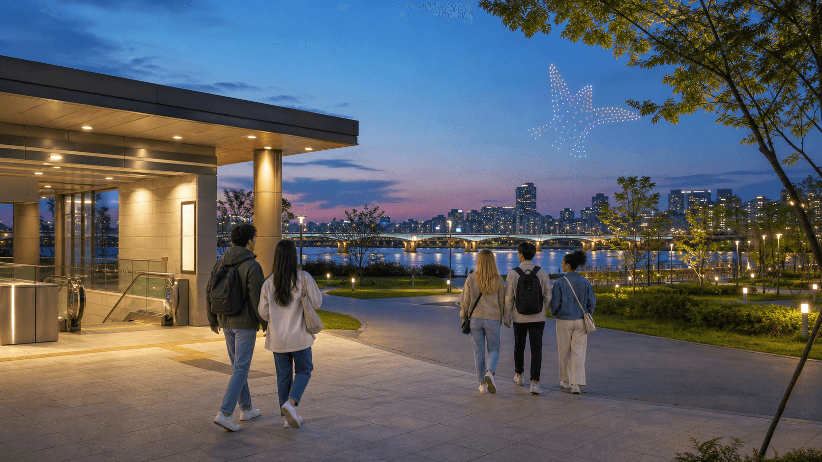 Travelers walking from Ttukseom Resort Station toward Hangang Park at blue hour.