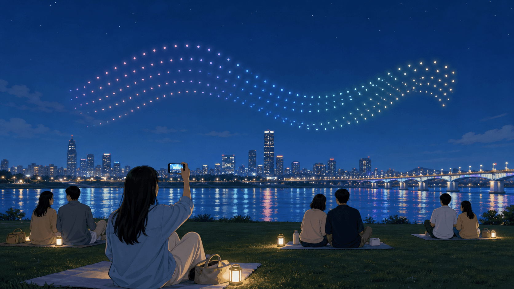 Visitors photographing a drone light show over the Han River at night.