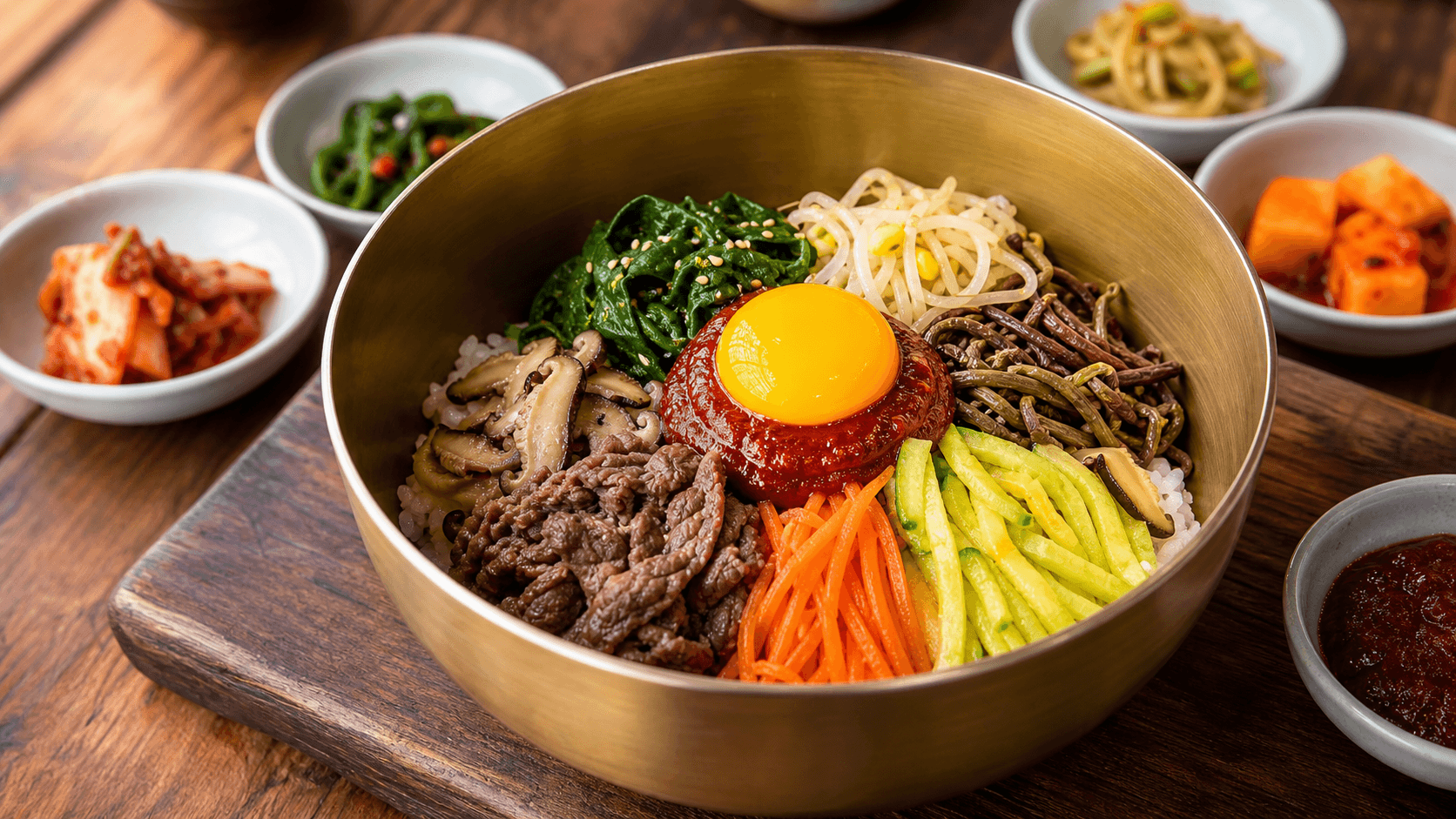 Representative Jeonju bibimbap with vegetables beef egg and gochujang in a brass bowl