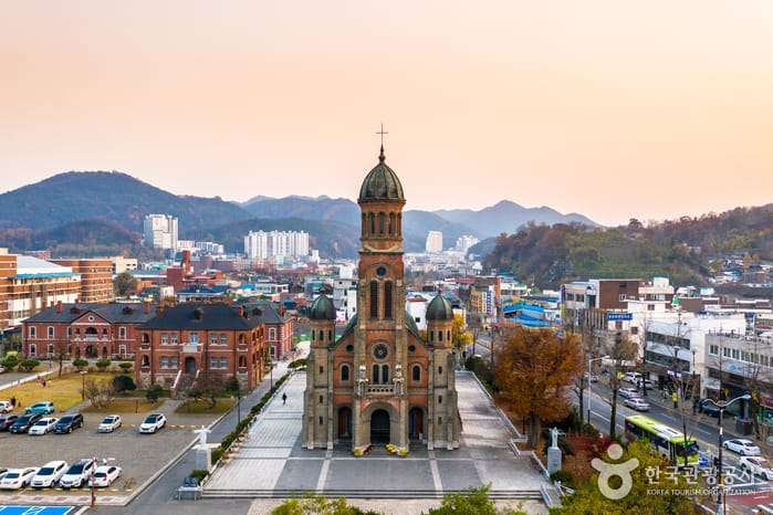 Brick façade and towers of Jeondong Cathedral in Jeonju