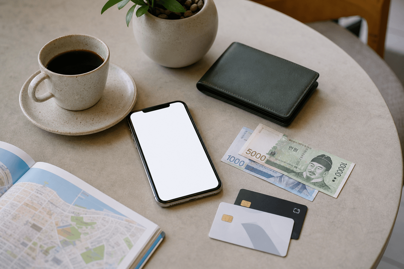 Korean won, payment cards and a phone on a traveler’s table