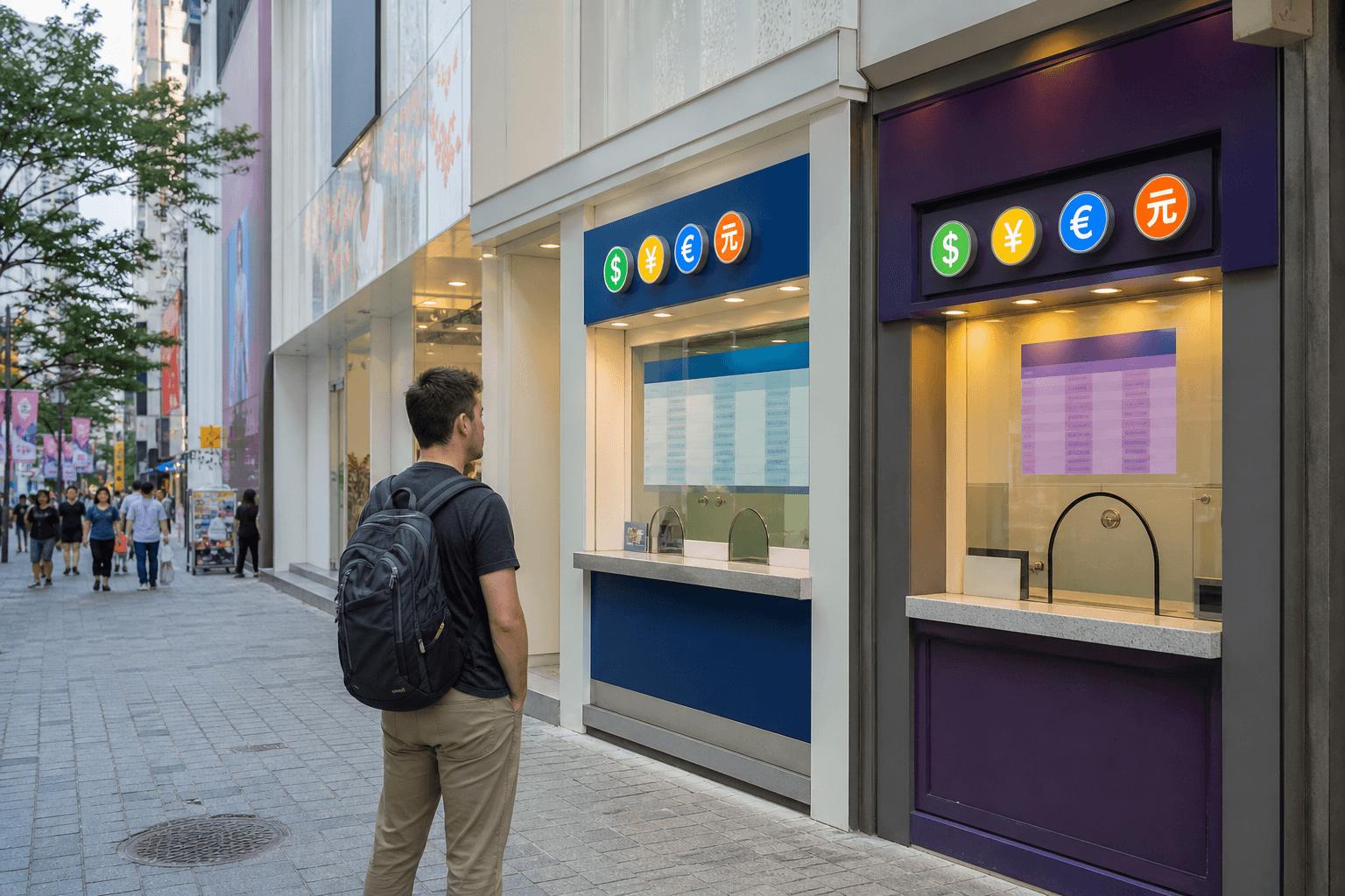 Traveler comparing licensed currency exchange counters in Myeongdong, Seoul