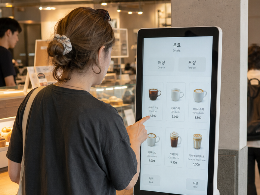 Customer using a self-service touchscreen kiosk to order a drink at a café in Korea
