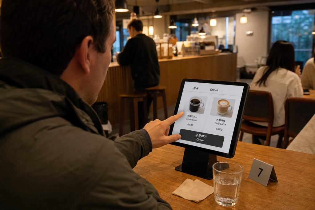 Customer using a self-service touchscreen kiosk to order a drink at a café in Korea