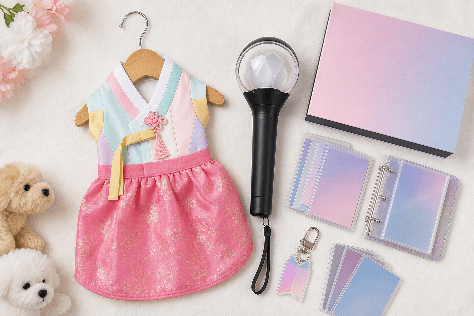 Dog hanbok alongside generic K-pop fan gifts