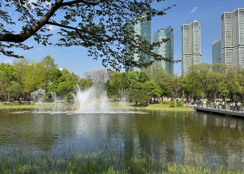Lake fountain and city skyline at Seoul Forest